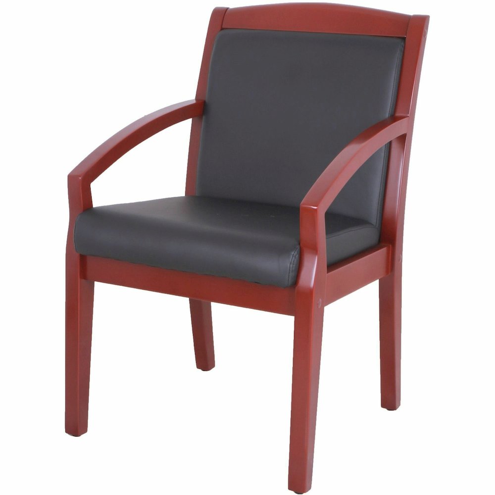 Lorell Sloping Arms Wood Frame Guest Chair - Black Seat Color - Bonded Leather Seat Material - Black Back Color - Bonded Leather Back Material - Mahogany Frame Color - Solid Wood, Rubberwood Frame Mat. Picture 6