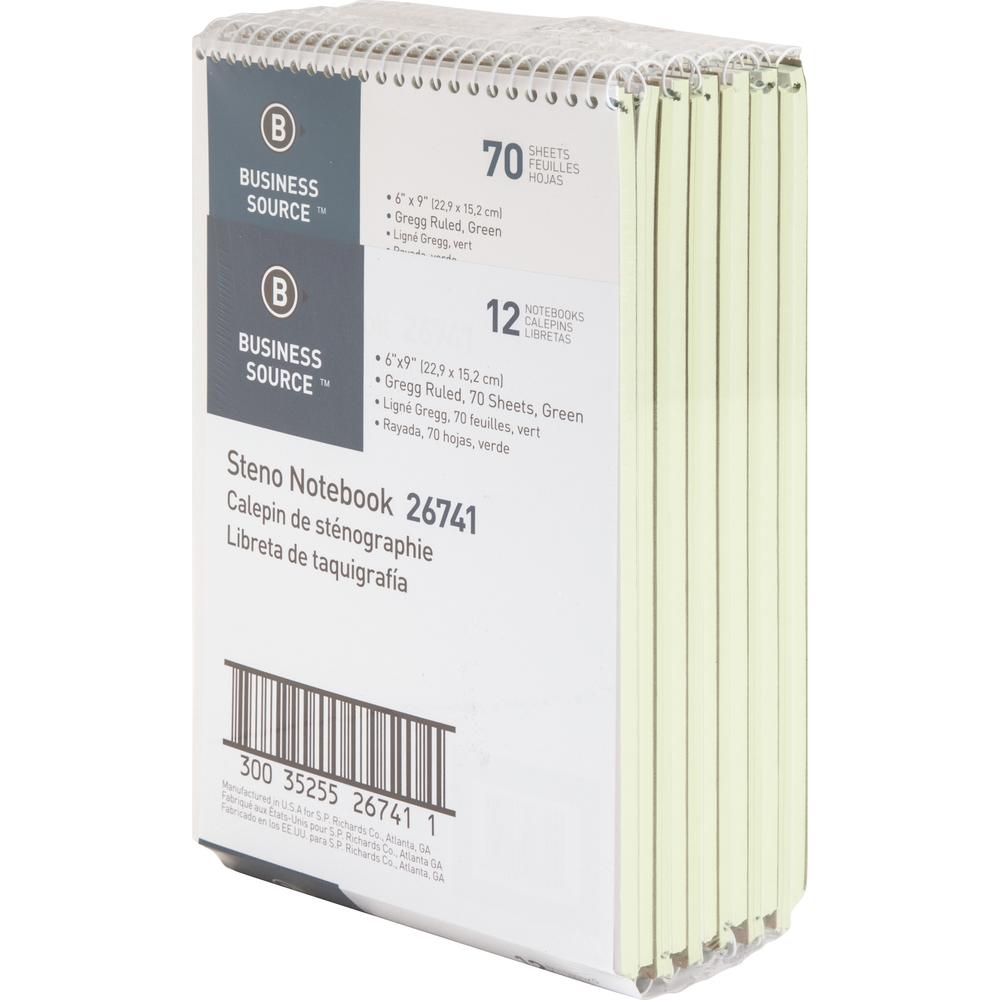 Business Source Steno Notebook - 70 Sheets - Wire Bound - Gregg Ruled Margin - 15 lb Basis Weight - 6" x 9" Sheet Size - Green Paper - Stiff-back - 12 / Pack. Picture 6