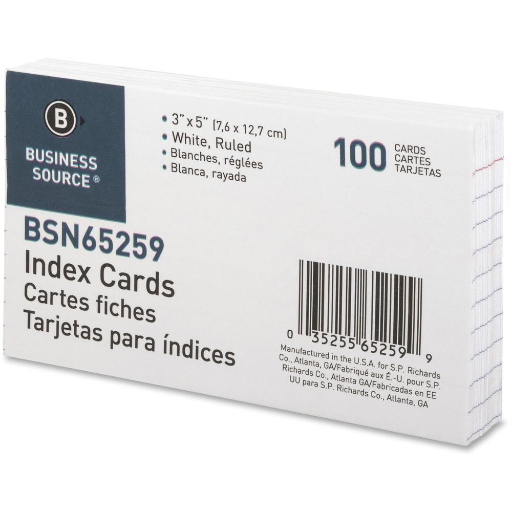 Business Source Ruled Index Cards - Front Ruling Surface - Ruled Front Ruling - 72 lb Basis Weight - 5" x 3" Sheet Size - White Paper - 100/Pack - 10 / Box. Picture 4