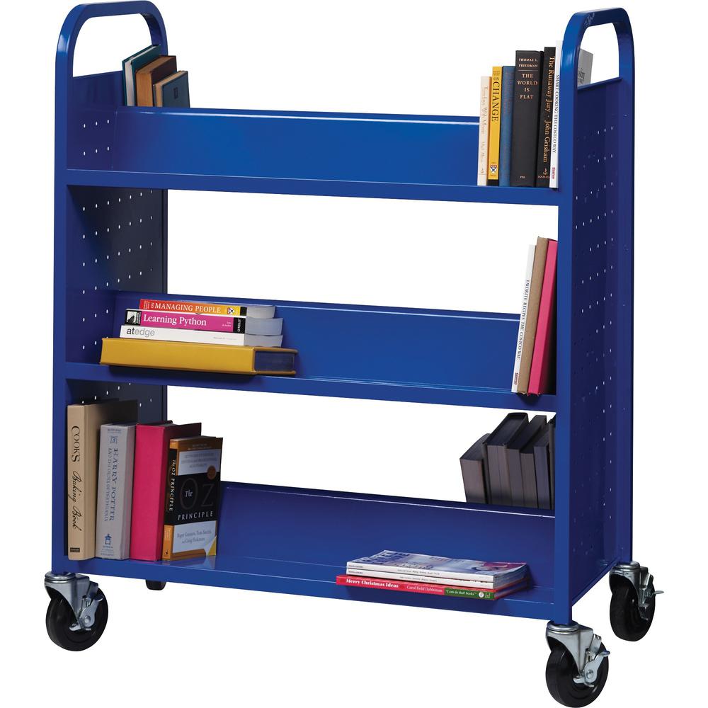 Lorell Double-sided Book Cart - 6 Shelf - Round Handle - 5" Caster Size - Steel - 38" Width x 18" Depth x 46.25" Height - Blue - 1 Each. Picture 4