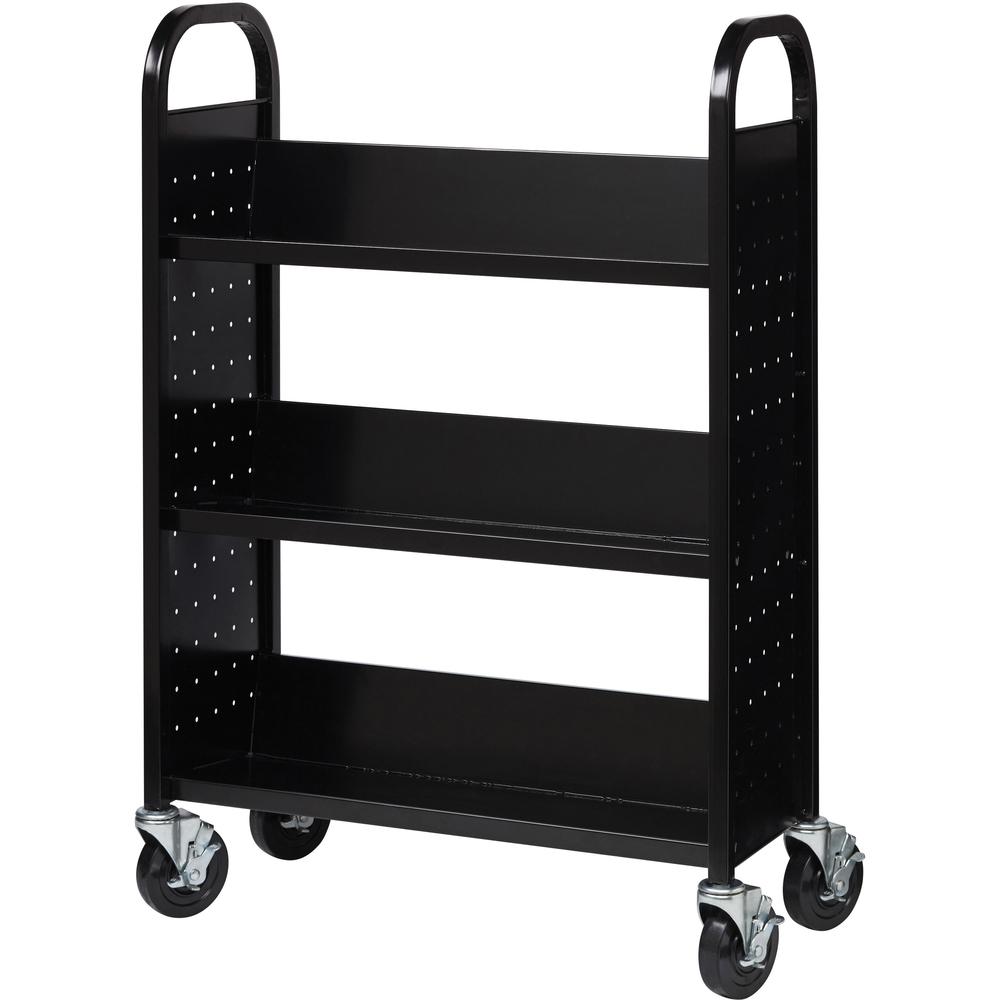 Lorell Single-sided Book Cart - 3 Shelf - Round Handle - 5" Caster Size - Steel - 32" Width x 14" Depth x 46" Height - Black - 1 Each. Picture 6