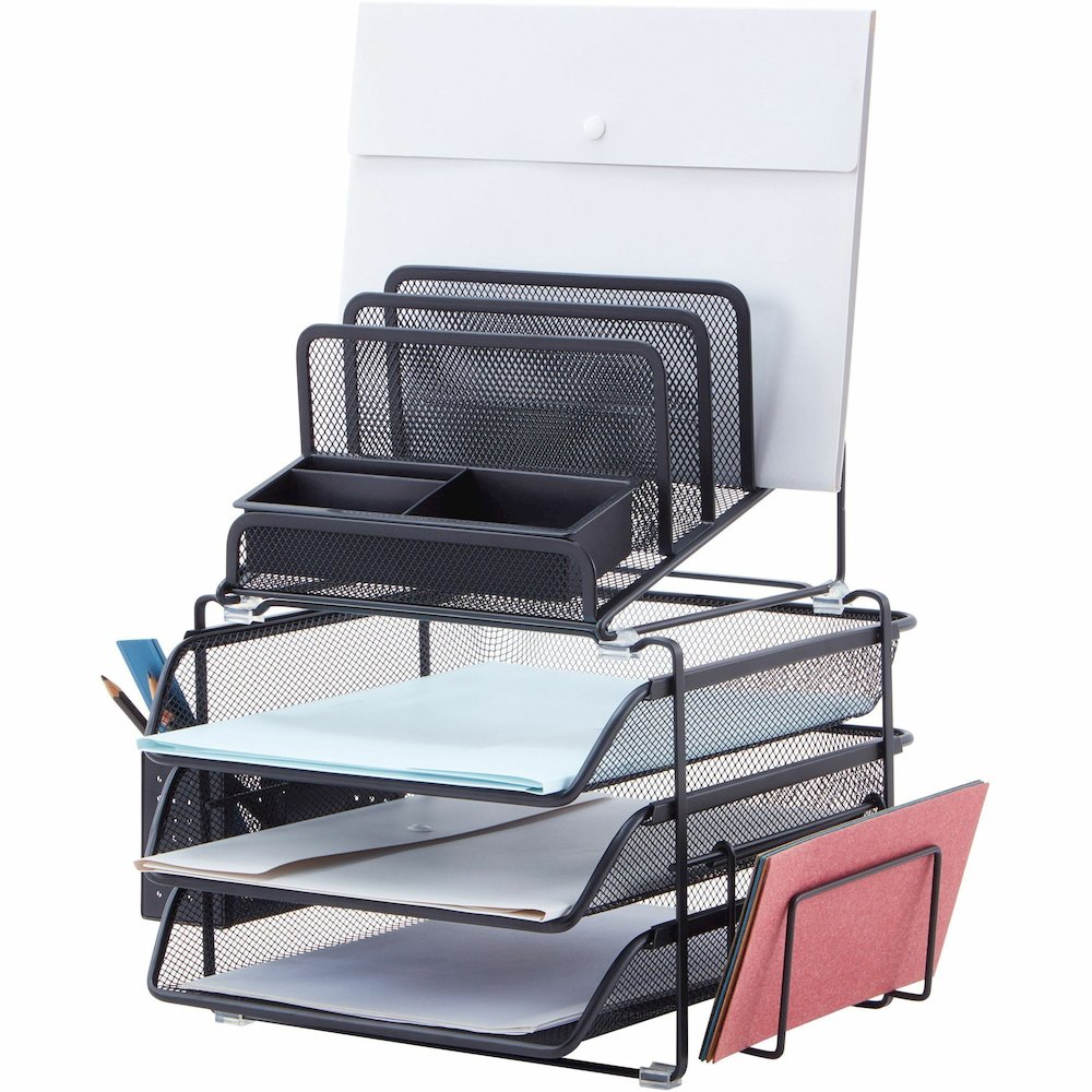 Lorell Divided 4-tier Desktop Organizer - 4 Tier(s) - 15.75" Height x 12.87" Width x 14.37" Depth - Desktop - Black - Plastic, Mesh - 1 Each. Picture 6