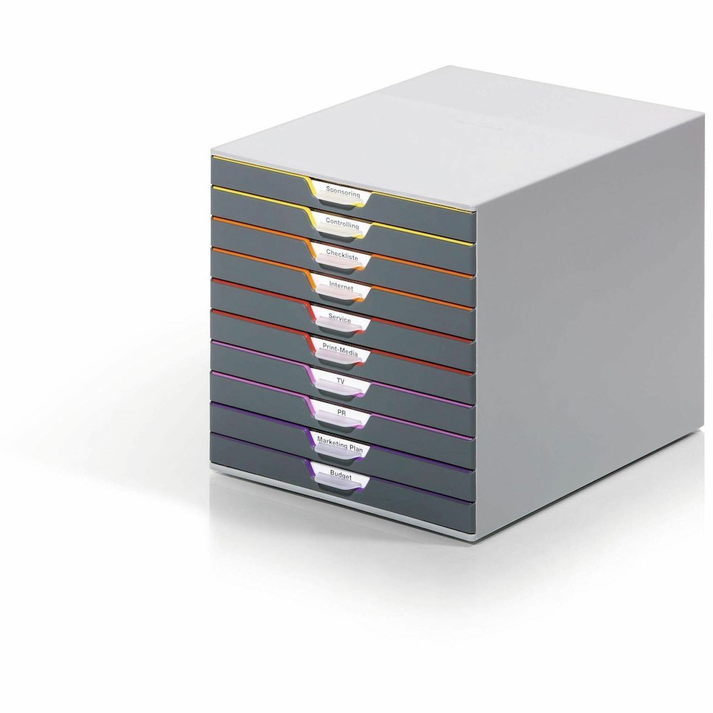DURABLE&reg; VARICOLOR&reg; Desktop 10 Drawer Organizer - 11" W x 11-3/8" H x 14" D - 10 Drawers - Color Labeled Tabs - Charcoal. Picture 3