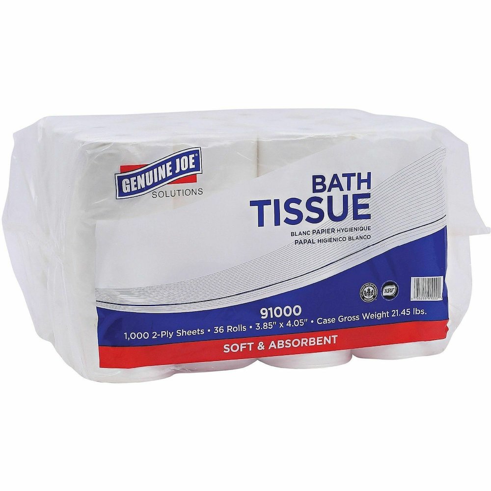 Genuine Joe Solutions Double Capacity Bath Tissue - 2 Ply - 1000 Sheets/Roll - White - Virgin FiberPack - 36/Pack - 56 / Pallet. Picture 11