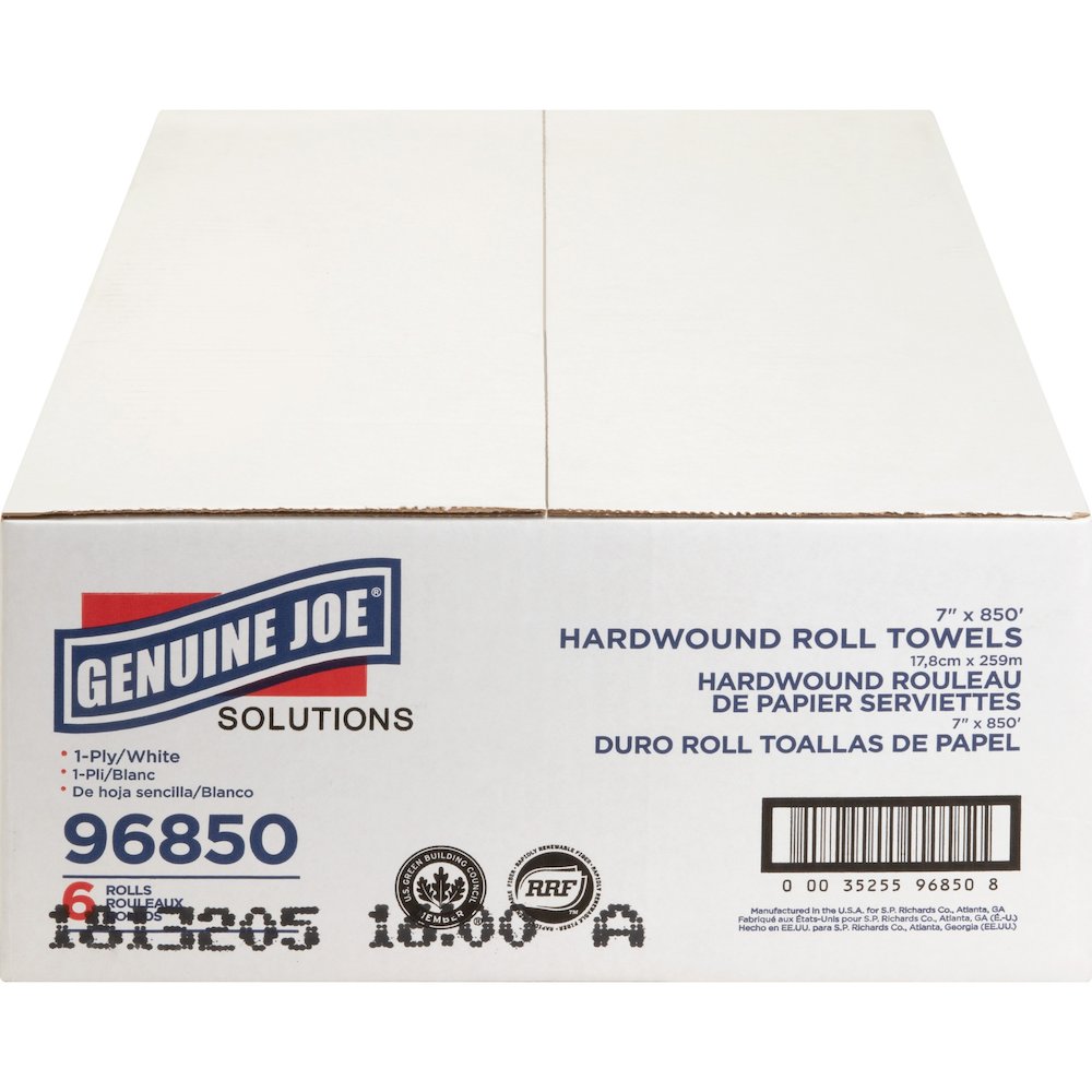 Genuine Joe Solutions Hardwound Paper Towels - 1 Ply - 7" Width x 850 ft Length - White - 65 / Pallet. Picture 8
