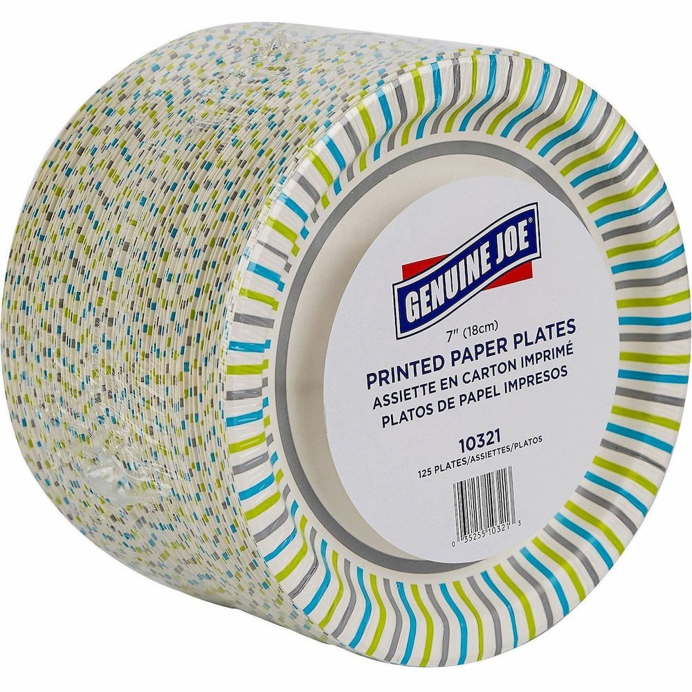 Genuine Joe 7" Printed Paper Plates - Disposable - 7" Diameter - Assorted - 125 / Pack. Picture 7