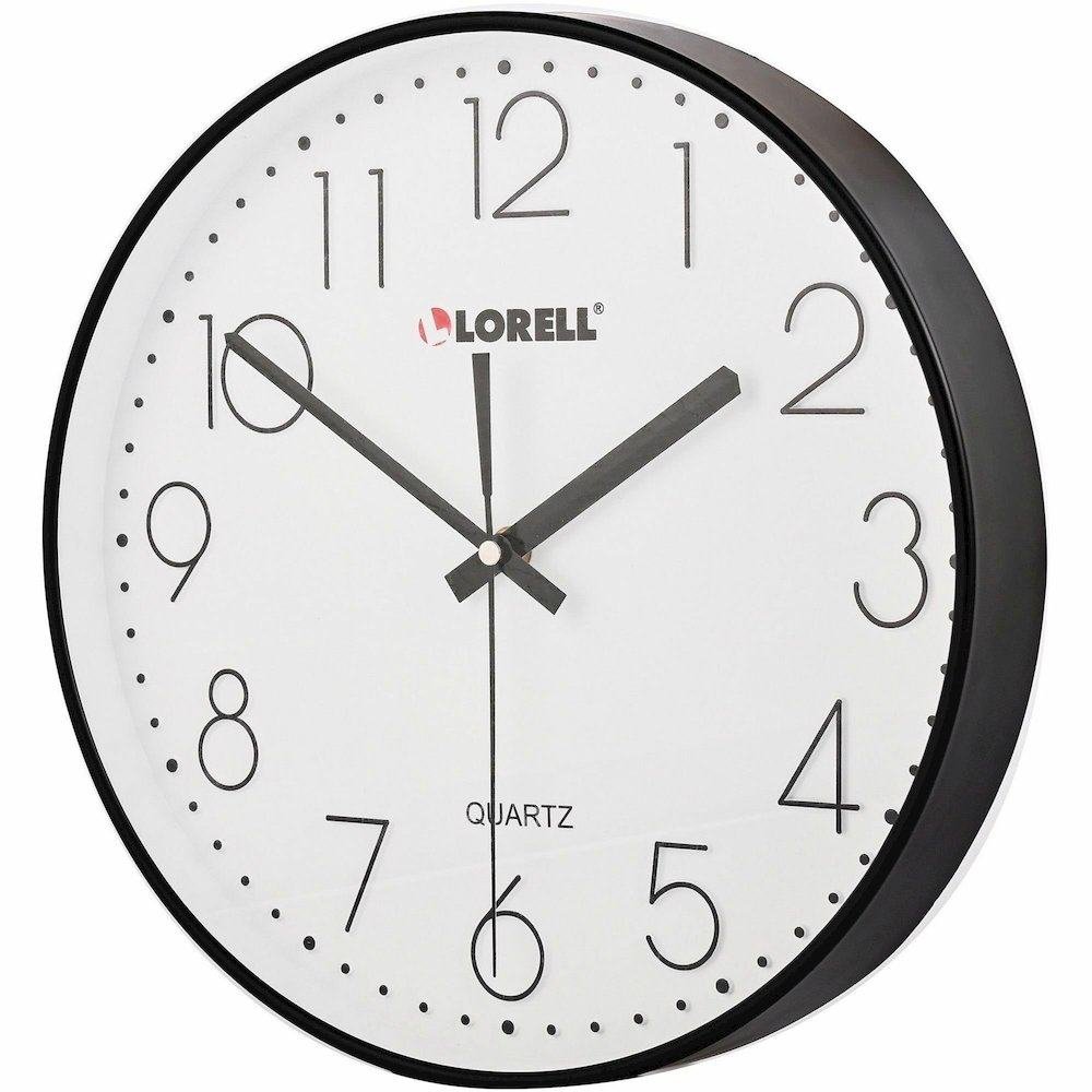 Lorell 12" Round Quiet Wall Clock - Analog - Quartz - Black Case. Picture 3
