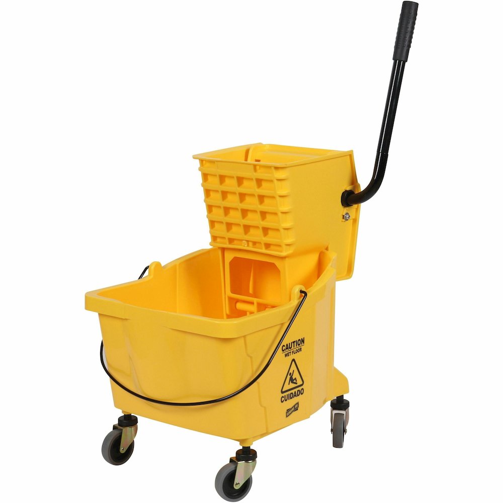 Genuine Joe 35-quart Side Press Mop Bucket & Wringer Combo - 8.75 gal - Caster - 21" x 16" x 14" - Yellow - 18 / Pallet. Picture 7