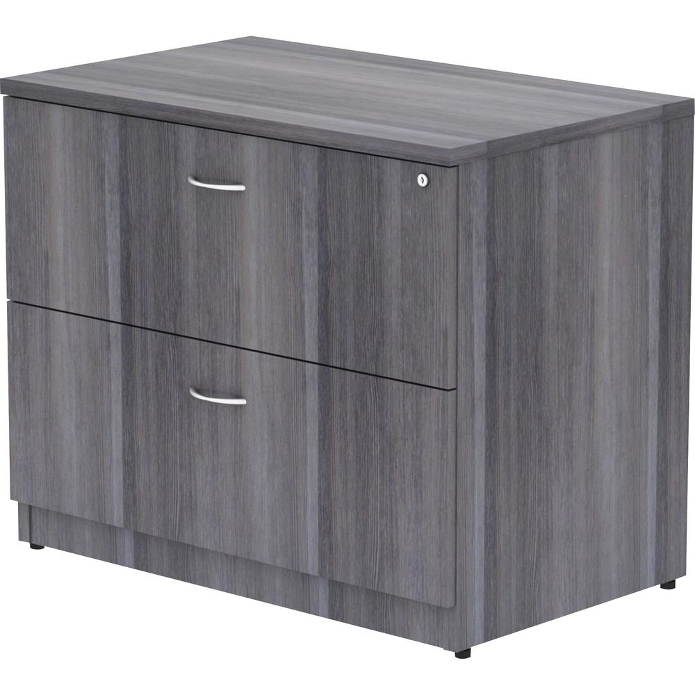 Lorell Essentials Series Lateral File - 29.5" Height x 35" Width x 22" Depth, 1" Thickness Top - Total Drawer(s): 2 - Finish: Weathered Charcoal, Laminate - Durable, Ball Bearing Glide, Locking System. Picture 4