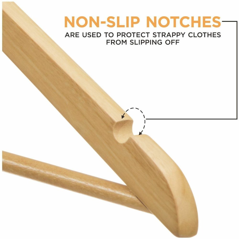 Lorell Wooden Coat Hangers - 7.2" Height x 13.8" Width - for Coat, Clothes, Garment - Wooden, Metal - Natural - 30 / Carton. Picture 7