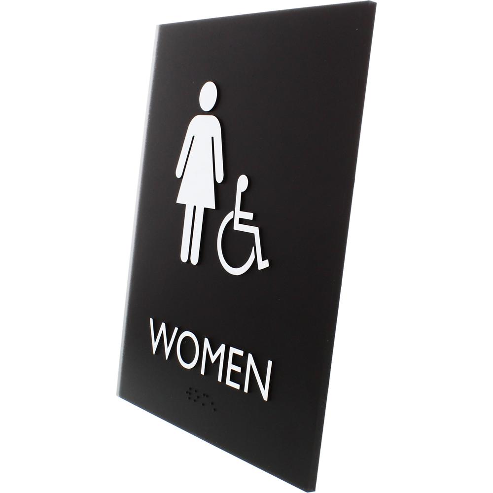 Lorell Women's Handicap Restroom Sign - Print/Message "Women" - 6.4" Width x 8.5" Height - Rectangular Shape - Surface-mountable - Easy Readability, Braille - Plastic - Black - 1 Each. Picture 6