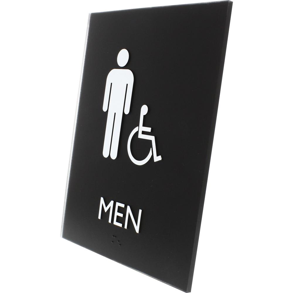 Lorell Men's Handicap Restroom Sign - Print/Message "Men" - 6.4" Width x 8.5" Height - Rectangular Shape - Surface-mountable - Easy Readability, Braille - Plastic - Black - 1 Each. Picture 3
