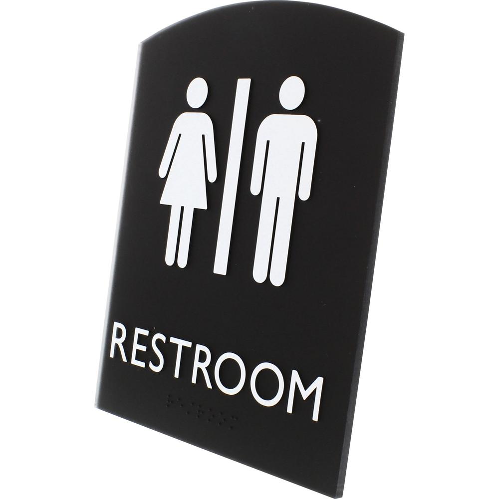 Lorell Arched Unisex Restroom Sign - 6.8" Width x 8.5" Height - Rectangular Shape - Surface-mountable - Easy Readability, Braille - Plastic - Black - 1 Each. Picture 7