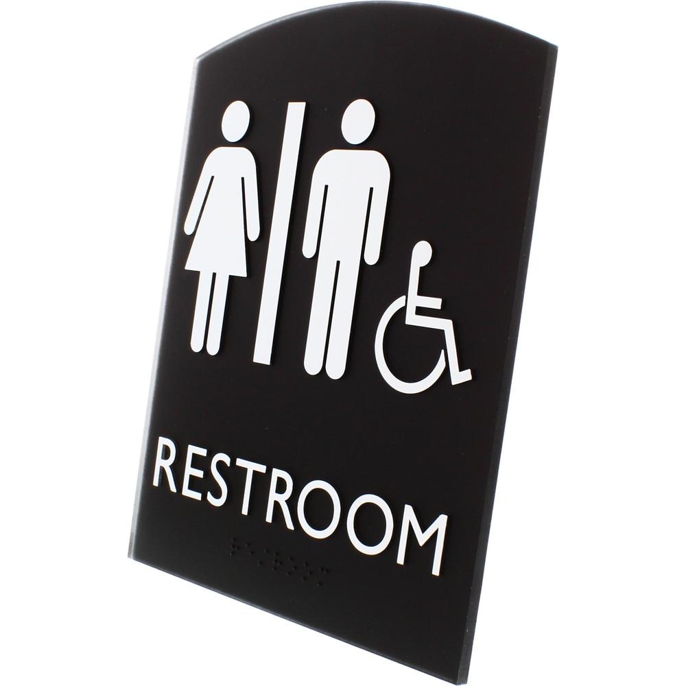 Lorell Arched Unisex Handicap Restroom Sign - 6.8" Width x 8.5" Height - Rectangular Shape - Surface-mountable - Easy Readability, Braille - Plastic - Black - 1 Each. Picture 6