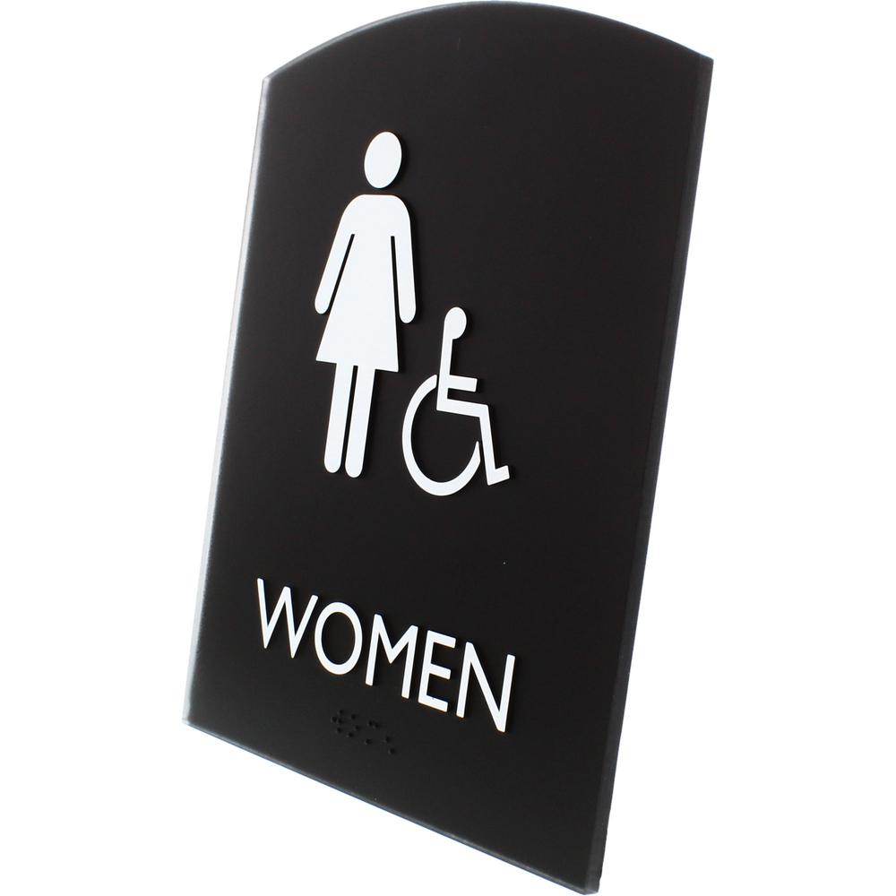 Lorell Arched Women's Handicap Restroom Sign - Print/Message "Women" - 6.8" Width x 8.5" Height - Rectangular Shape - Surface-mountable - Easy Readability, Braille - Plastic - Black - 1 Each. Picture 5