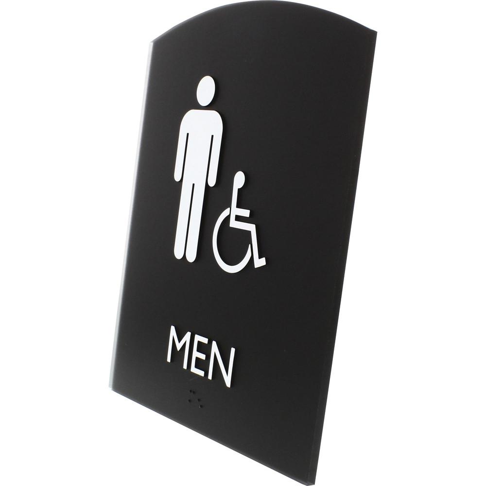 Lorell Arched Men's Handicap Restroom Sign - Print/Message "Men" - 6.8" Width x 8.5" Height - Rectangular Shape - Surface-mountable - Easy Readability, Braille - Plastic - Black - 1 Each. Picture 2