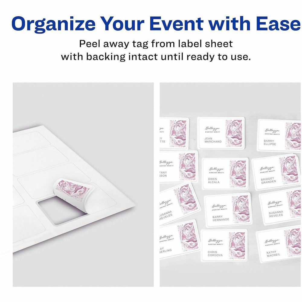 Avery&reg; Flexible Name Badges, 2-1/3" x 3-3/8" , Matte, 80ct (25395) - x 2 21/64" Width x 3 3/8" Length - Removable Adhesive - Rectangle - Inkjet, Laser - Matte - White - Film - 8 / Sheet - 10 Total. Picture 8