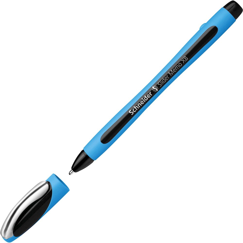 Schneider Slider Memo XB Ballpoint Pen - Black Ink - Black Rubberized, Light Blue Barrel - Stainless Steel Tip - 10 / Pack. Picture 5