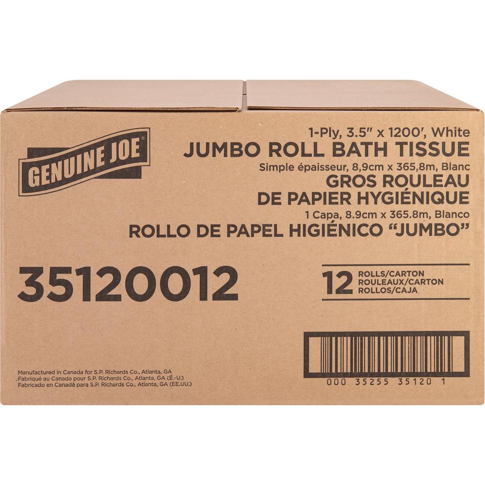 Genuine Joe 1-ply Jumbo Roll Bath Tissue - 1 Ply - 3.63" Width x 1200 ft Length - 8.88" Roll Diameter - White - Fiber - 12 / Carton. Picture 4