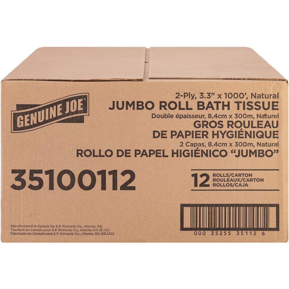 Genuine Joe Jumbo Jr Dispenser Bath Tissue Roll - 2 Ply - 3.30" Width x 1000 ft Length - 8.88" Roll Diameter - White - Fiber - 12 / Carton. Picture 6