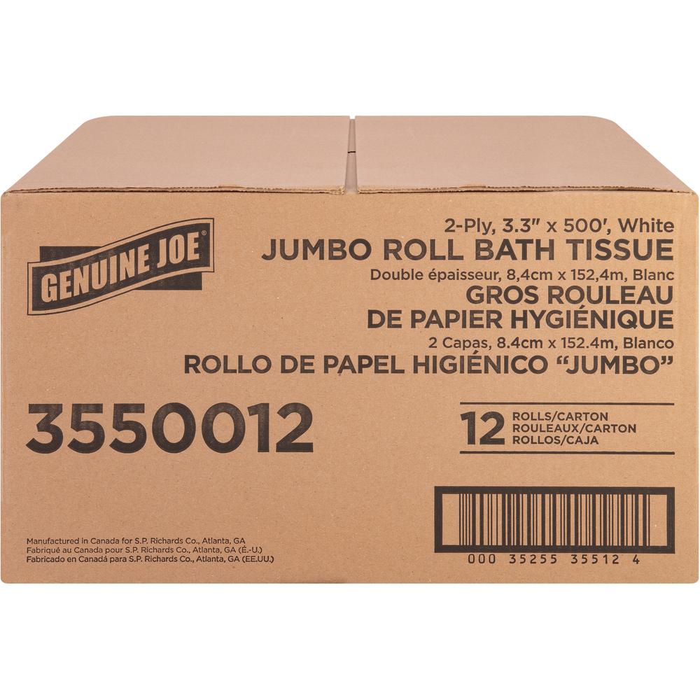 Genuine Joe Jumbo Jr Dispenser Bath Tissue Roll - 2 Ply - 3.30" Width x 500 ft Length - 8.88" Roll Diameter - White - Fiber - 12 / Carton. Picture 11