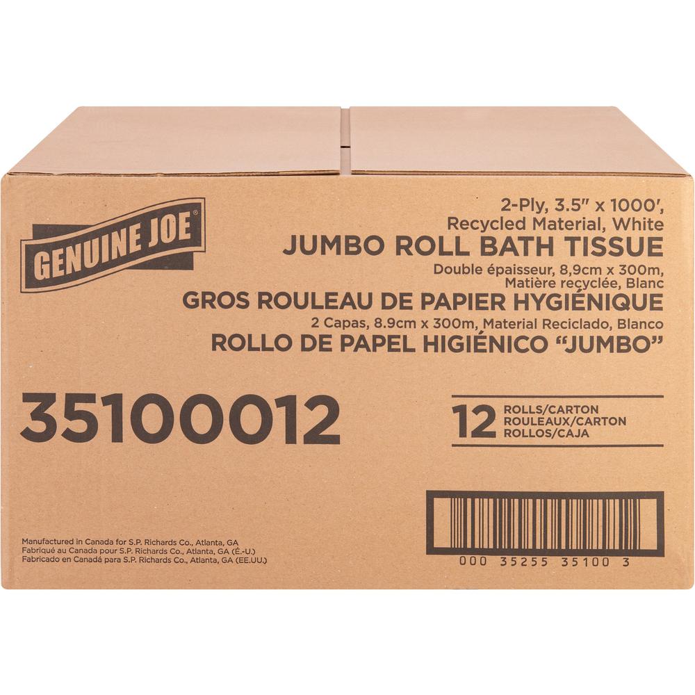 Genuine Joe Jumbo Jr Dispenser Bath Tissue Roll - 2 Ply - 3.50" Width x 1000 ft Length - 8.88" Roll Diameter - White - Fiber - 12 / Carton. Picture 3