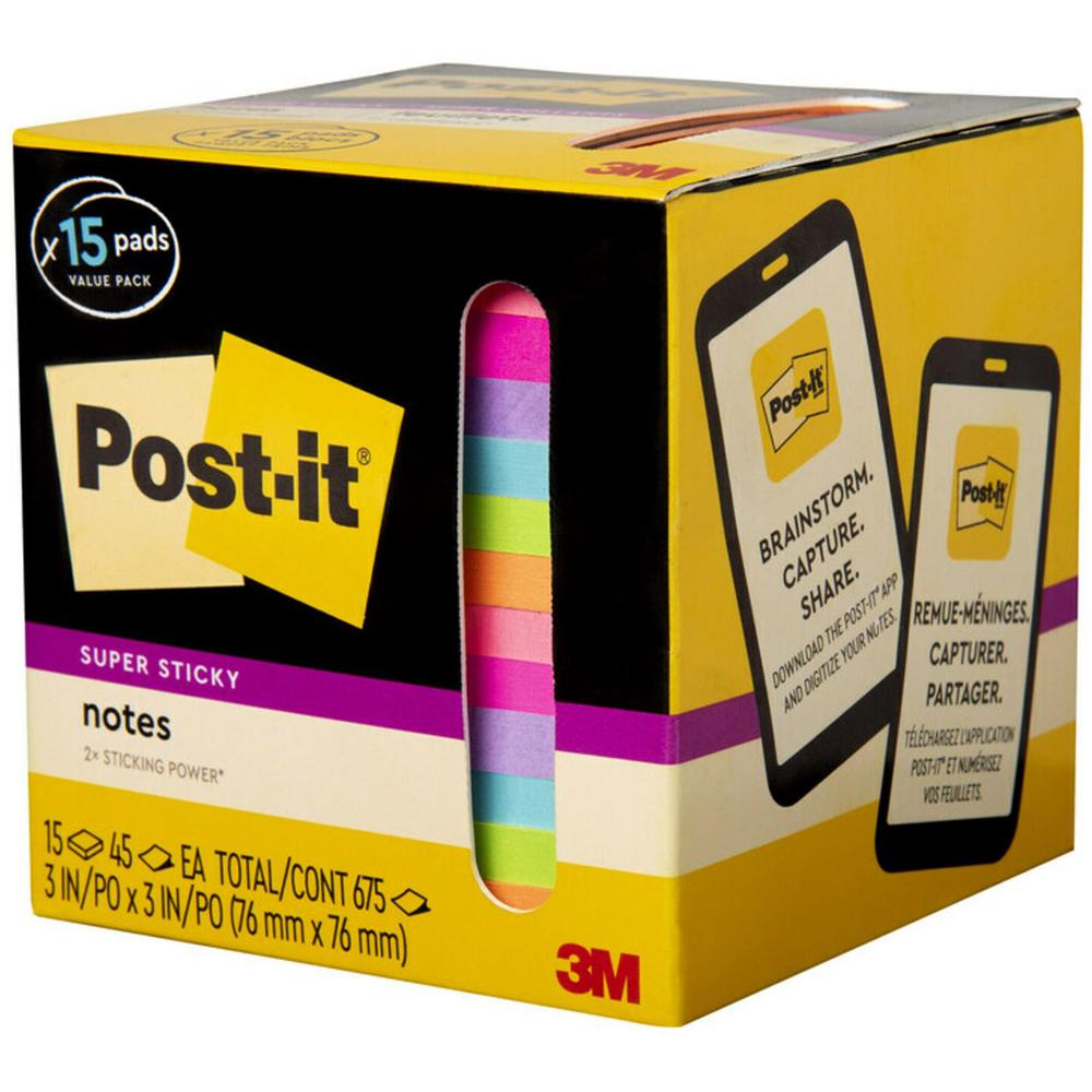 Post-it&reg; Super Sticky Notes - 15 - 3" Flag/Note Width x 3" Flag/Note Length - Square - 45 Sheets per Pad - Neon Orange, Tropical Pink, Power Pink, Iris, Blue Paradise, Neon Green Limeade - Adhesiv. Picture 5