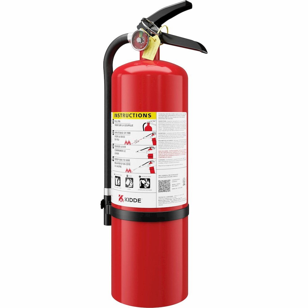 Kidde Pro 10 MP-1 Fire Extinguisher - 10 lb Capacity - A: Common Combustibles, B: Flammable Liquids, C: Live Electrical Equipment - Rechargeable, Safety Pin - Red. Picture 3
