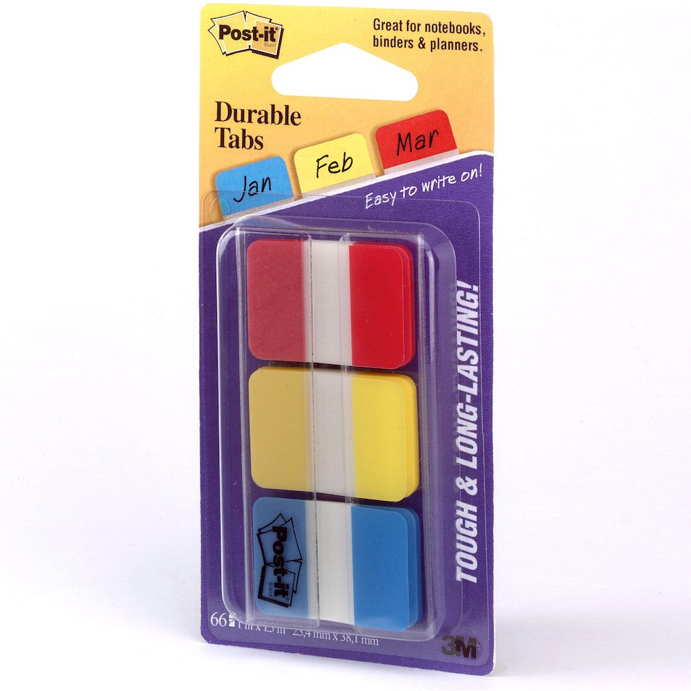 Post-it&reg; Durable Tabs - Write-on Tab(s) - 0.98" Tab Height x 1" Tab Width - Self-adhesive, Removable - Red, Yellow, Blue, Neon Tab(s)No - Wear Resistant, Tear Resistant, Durable, Writable, Reposit. Picture 4