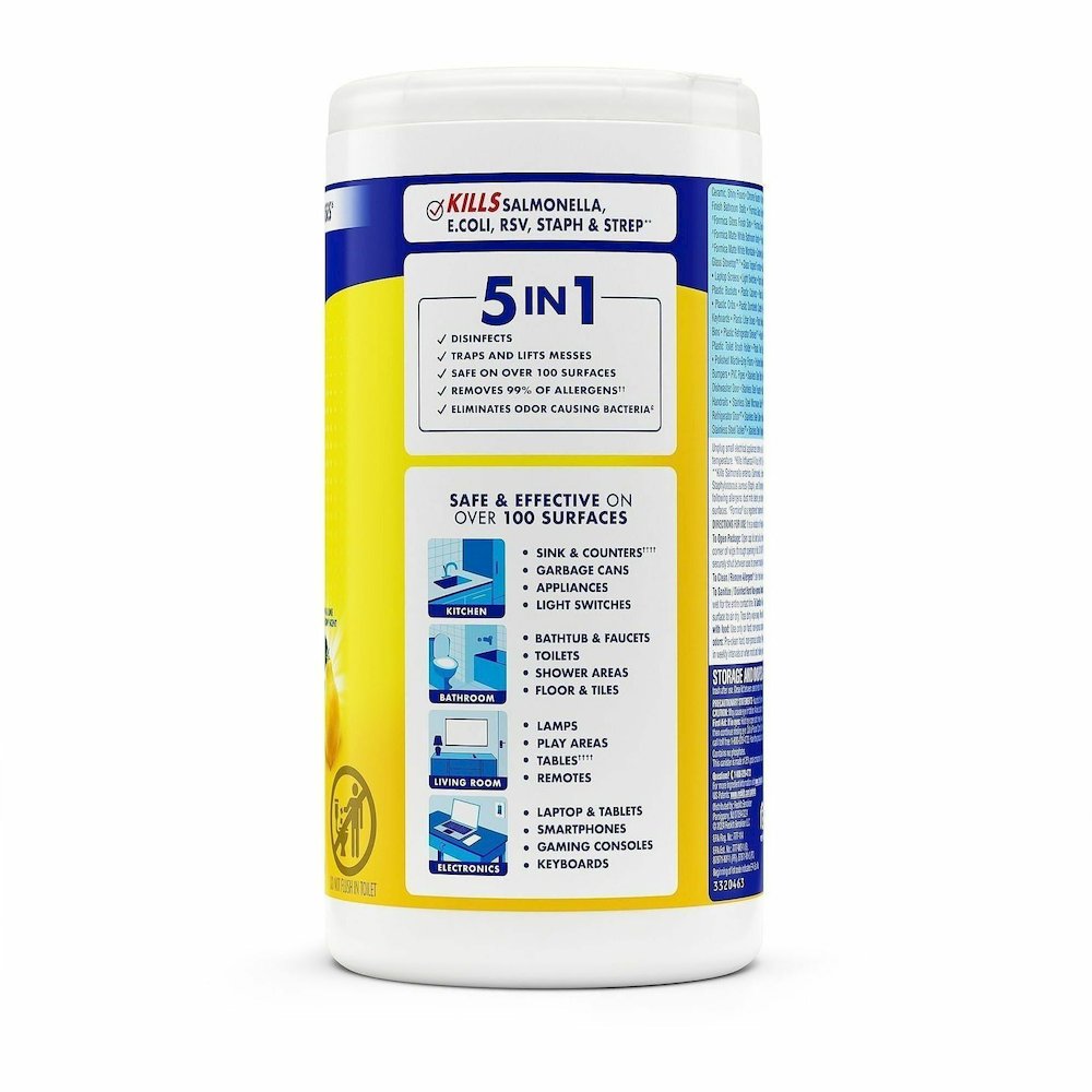 Lysol Disinfecting Wipes - Ready-To-Use - Lemon, Lime Blossom Scent - 7" Length x 7.25" Width - Bleach-free, Antibacterial, Disinfectant, Pre-moistened - White - 80/Tub - 6 / Carton. Picture 6