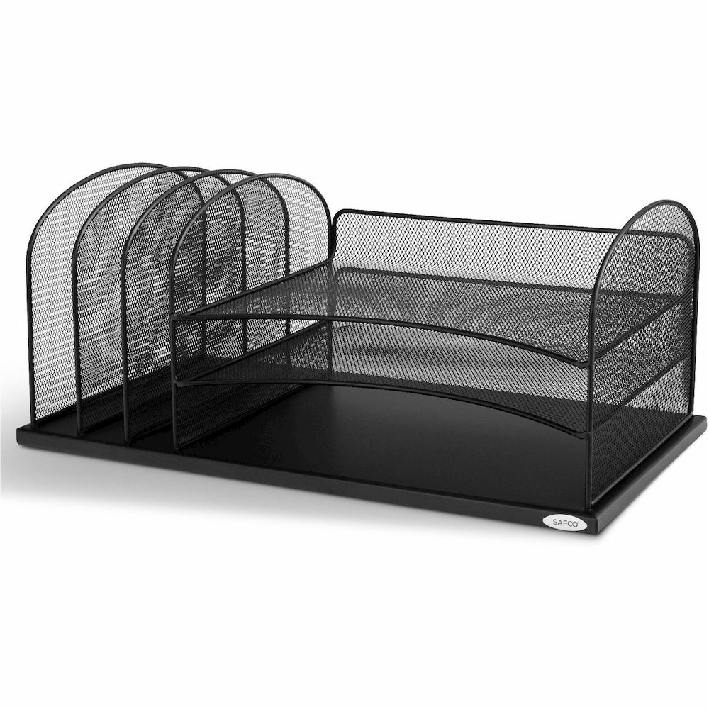 Safco Onyx 3 Tray/3 Upright Section Desk Organizer - 5 Compartment(s) - 8.25" Height x 19.50" Width x 11.50" Depth - Desktop - Powder Coated - Black - Steel - 1 Each. Picture 8