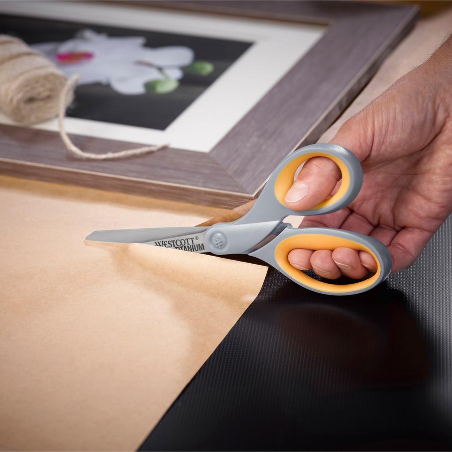 Westcott 8" Titanium Bonded Scissors - 3.50" Cutting Length - 8" Overall Length - Straight-left/right - Titanium - Straight Tip - Gray/Yellow - 1 Each. Picture 2
