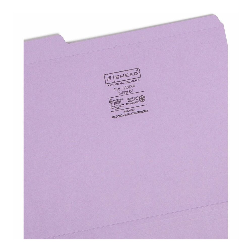 Smead Colored 1/3 Tab Cut Letter Recycled Top Tab File Folder - 8 1/2" x 11" - 3/4" Expansion - Top Tab Location - Assorted Tab Position - 11 pt. - 2 Plys - Lavender - 10% Recycled - 100 / Box. Picture 5