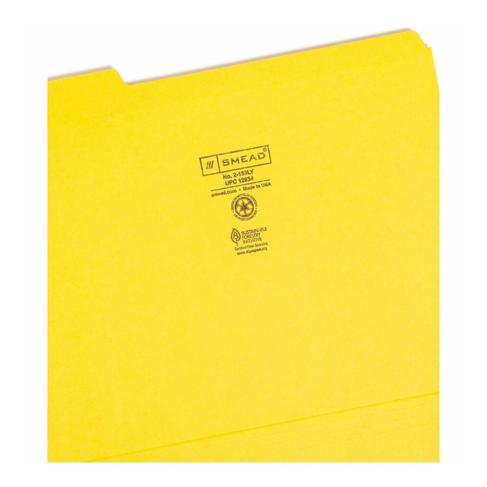Smead Colored 1/3 Tab Cut Letter Recycled Top Tab File Folder - 8 1/2" x 11" - Top Tab Location - Assorted Tab Position - 11 pt. - 2 Plys - Yellow - 10% Recycled - 100 / Box. Picture 5