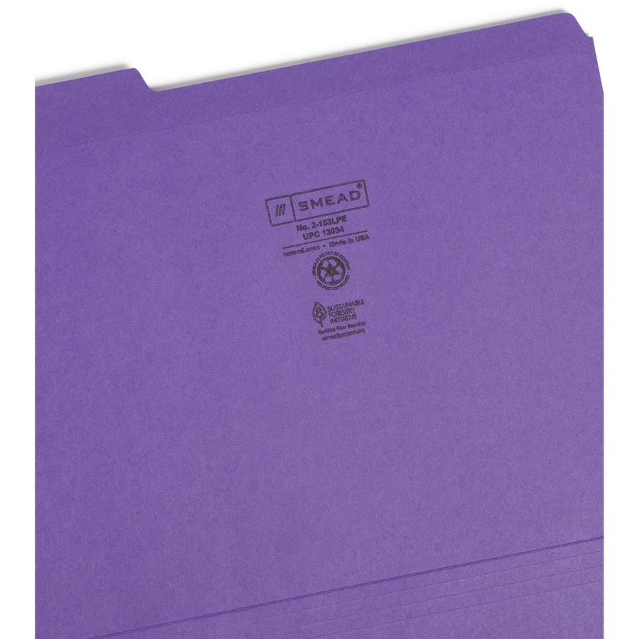 Smead Colored 1/3 Tab Cut Letter Recycled Top Tab File Folder - 8 1/2" x 11" - 3/4" Expansion - Top Tab Location - Assorted Position Tab Position - Purple - 10% Recycled - 100 / Box. Picture 2