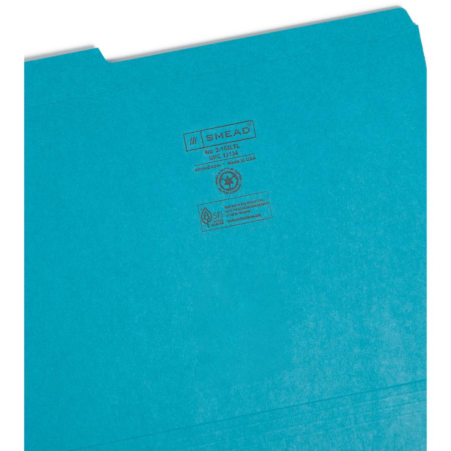 Smead Colored 1/3 Tab Cut Letter Recycled Top Tab File Folder - 8 1/2" x 11" - 3/4" Expansion - Top Tab Location - Assorted Position Tab Position - Teal - 10% Recycled - 100 / Box. Picture 2