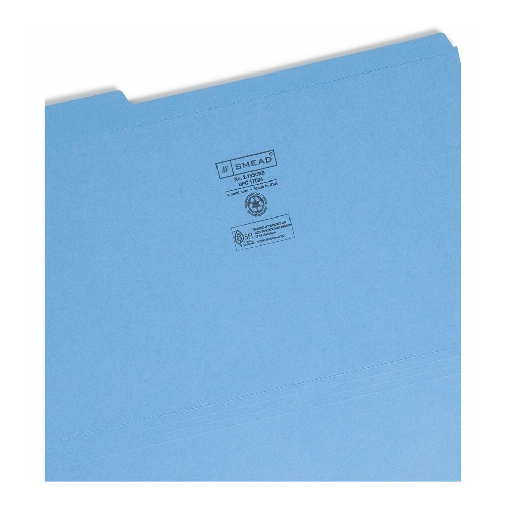 Smead Colored 1/3 Tab Cut Legal Recycled Top Tab File Folder - 8 1/2" x 14" - 3/4" Expansion - Top Tab Location - Assorted Tab Position - 11 pt. - 2 Plys - Blue - Reinforced - 10% Recycled - 100 / Box. Picture 5