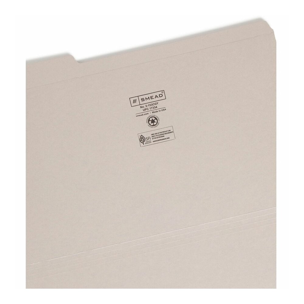 Smead Colored 1/3 Tab Cut Legal Recycled Top Tab File Folder - 8 1/2" x 14" - 3/4" Expansion - Top Tab Location - Assorted Tab Position - 11 pt. - 2 Plys - Gray - Reinforced - 10% Recycled - 100 / Box. Picture 5