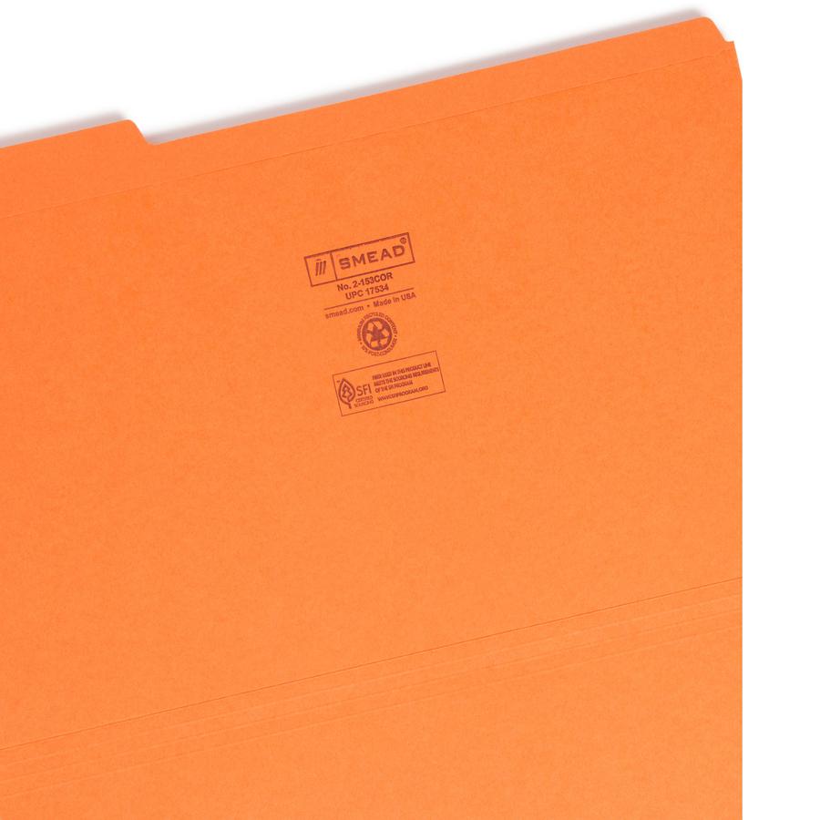 Smead Colored 1/3 Tab Cut Legal Recycled Top Tab File Folder - 8 1/2" x 14" - 3/4" Expansion - Top Tab Location - Assorted Position Tab Position - Orange - 10% Recycled - 100 / Box. Picture 2