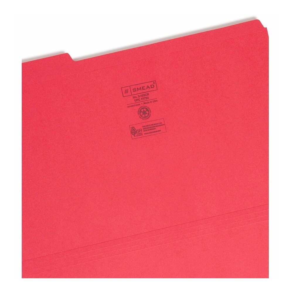 Smead Colored 1/3 Tab Cut Legal Recycled Top Tab File Folder - 8 1/2" x 14" - 3/4" Expansion - Top Tab Location - Assorted Tab Position - 11 pt. - 2 Plys - Red - 10% Recycled - 100 / Box. Picture 5