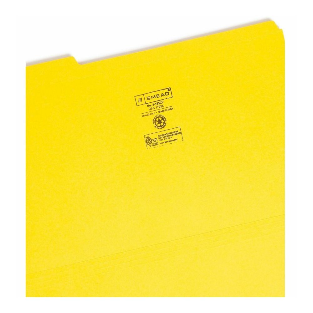 Smead Colored 1/3 Tab Cut Legal Recycled Top Tab File Folder - 8 1/2" x 14" - 3/4" Expansion - Top Tab Location - Assorted Tab Position - 11 pt. - 2 Plys - Yellow - 10% Recycled - 100 / Box. Picture 5