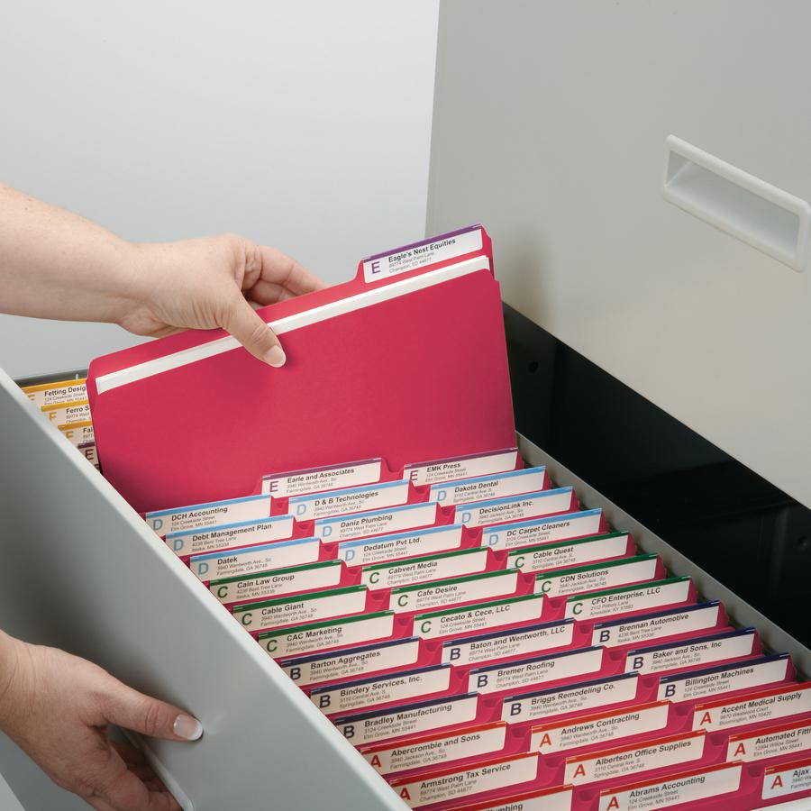 Smead Colored 1/3 Tab Cut Letter Recycled Top Tab File Folder - 8 1/2" x 11" - 1" Expansion - Top Tab Location - Assorted Position Tab Position - Pressboard - Bright Red - 100% Recycled - 25 / Box. Picture 2
