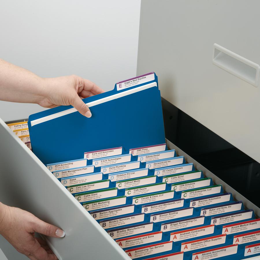 Smead Colored 1/3 Tab Cut Letter Recycled Top Tab File Folder - 8 1/2" x 11" - 1" Expansion - Top Tab Location - Assorted Position Tab Position - Pressboard - Dark Blue - 100% Recycled - 25 / Box. Picture 10