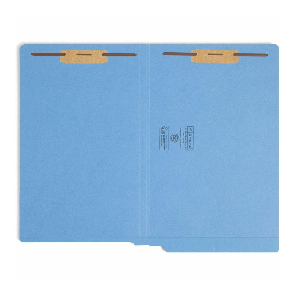 Smead Shelf-Master Straight Tab Cut Legal Recycled Fastener Folder - 8 1/2" x 14" - 3/4" Expansion - 2 x 2B Fastener - End Tab Location - 11 pt. - 2 Plys - Blue - Heavyweight - 10% Recycled - 50 / Box. Picture 5