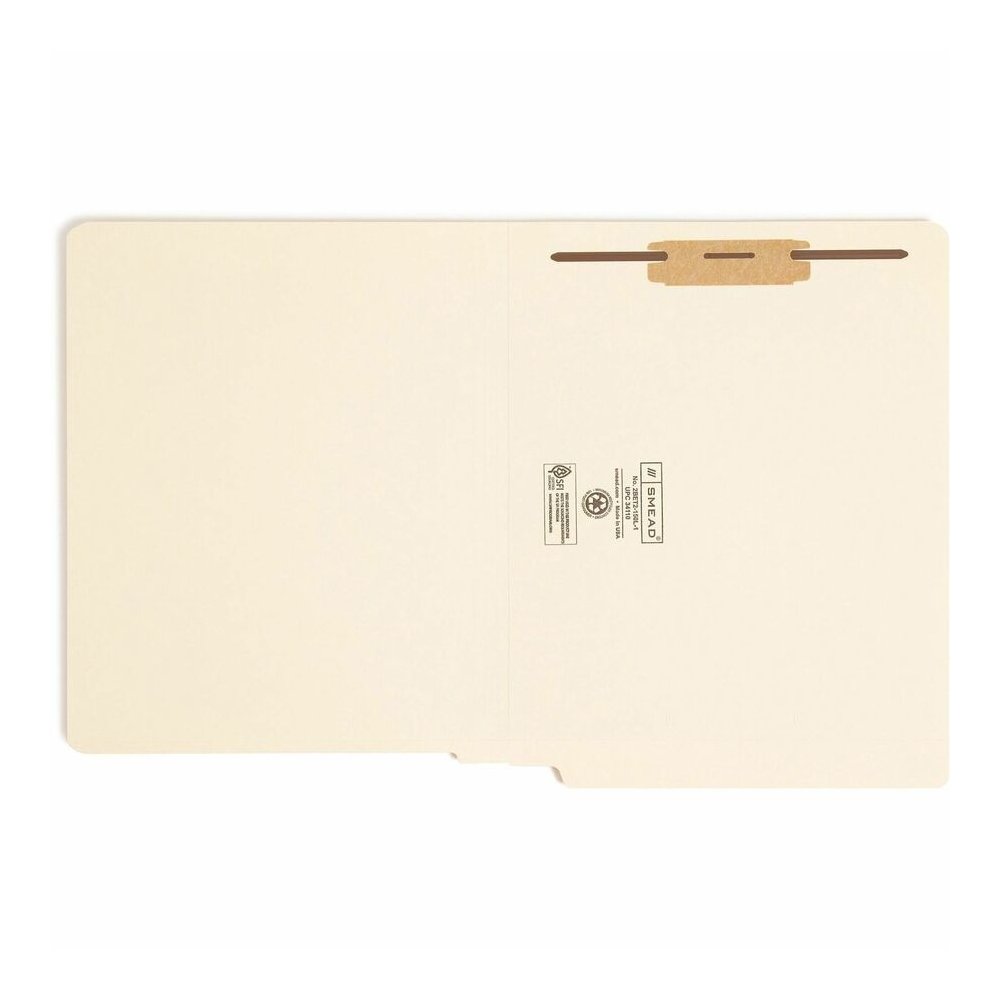 Smead Straight Tab Cut Letter Recycled Fastener Folder - 8 1/2" x 11" - 3/4" Expansion - 1 x 2B Fastener - 2" for Folder - End Tab Location - 11 pt. - 2 Plys - Manila - Reinforced Tab, Embossed - 10% . Picture 5