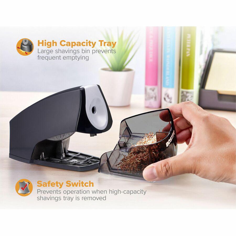 Bostitch Personal Electric Pencil Sharpener - Desktop - 1 Hole(s) - Helical - 4" Height x 3.5" Width x 5" Depth - Black, Silver - 1 Each. Picture 2