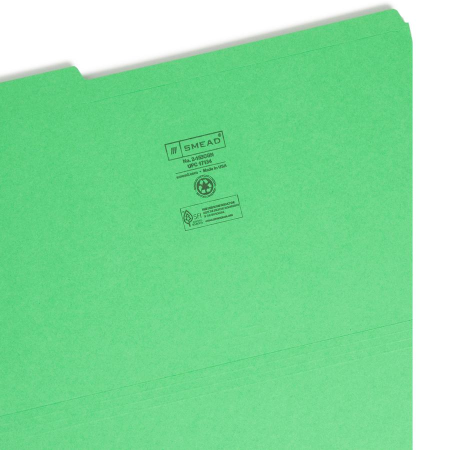 Smead Colored 1/3 Tab Cut Legal Recycled Top Tab File Folder - 8 1/2" x 14" - Top Tab Location - Assorted Tab Position - 11 pt. - 2 Plys - Green - 10% Recycled - 100 / Box. Picture 2