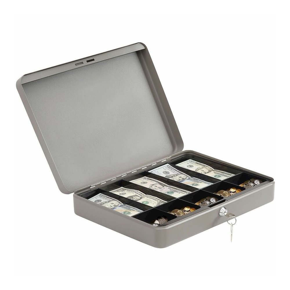 Sparco All-Steel Locking Cash Box with Tray - 5 Bill - 5 Coin - Steel - Gray - 2" Height x 10.5" Width x 15" Depth. Picture 4
