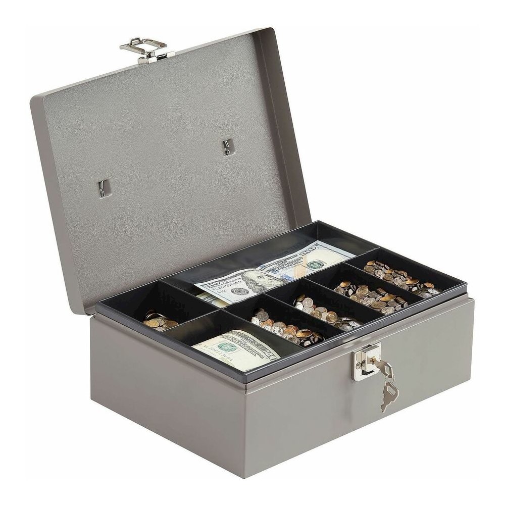 Sparco All-Steel Cash Box with Latch Lock - 1 Bill - 6 Coin - Steel - Gray - 4" Height x 11" Width x 7.8" Depth. Picture 4
