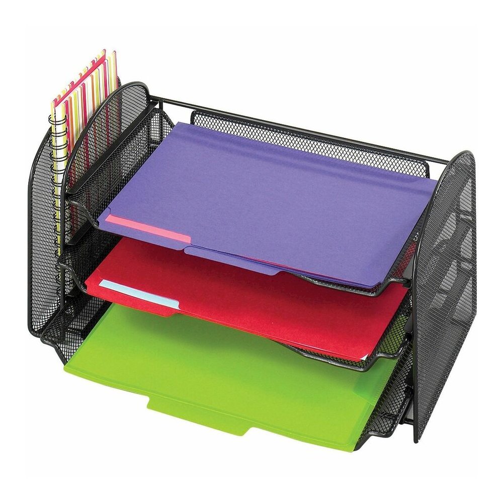 Safco Onyx 1 Upright/3 Tray Mesh Desk Organizer - 1 Pocket(s) - 8" Height x 17.25" Width x 9" Depth - Desktop - Black - 1 Each. Picture 2